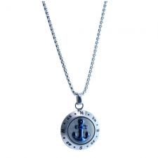 Stainless Steel Chain with Steel Compass and Blue Anchor Emblem Pendant